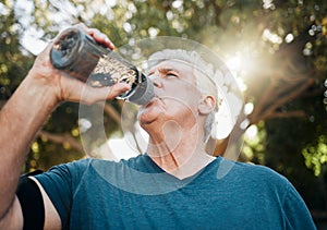 Water, nature fitness and senior man training for health in a park for body health in summer. Elderly athlete or runner