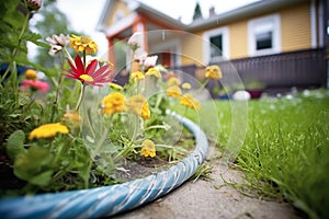 water oozes from a soaker hose in a flower bed