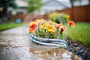 water oozes from a soaker hose in a flower bed