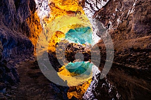 Water optical illusion reflection in Cueva de los Verdes, an amazing lava tube and tourist attraction on Lanzarote island, Spain