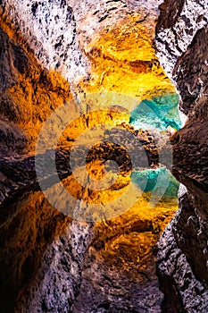 Water optical illusion reflection in Cueva de los Verdes, an amazing lava tube and tourist attraction on Lanzarote island, Spain