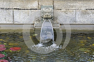 Water Outlet, Waterfall Spillway with Chinese Creature Sculpture in a Traditional Chinese Garden Pond, Medium Shot, Eye Level View