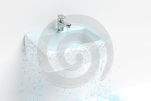 Water overflowing in the sink, wash basin isolated on white background. 3d render illustration