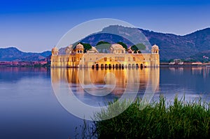 Water Palace Jal Mahal at night. Man Sager Lake, Jaipur, Rajasthan, India, Asia