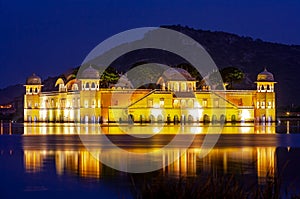 Water Palace Jal Mahal at night. Man Sager Lake, Jaipur, Rajasthan, India, Asia