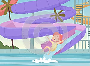 Water park background. Kids jumping and swimming in urban pool outdoor attractions fun in aquapark cartoon vector