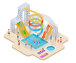 Water park isometric. Aquapark kids slide waterslide aqua recreation summer activities swimming pool leisure game
