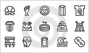 water park line icons. linear set. quality vector line set such as rubber ring, portable toilet, pub, wave, lifesaver, shower,