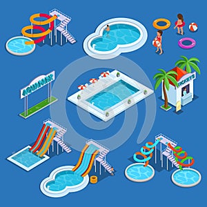 Water park and swimming pool isometric vector illustration