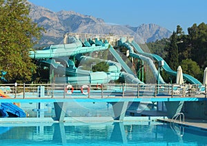 Kemer, Turkey - August 23, 2020: Water park and swimming pool at resort, outdoor aquapark at Daima Biz hotel with water slides.