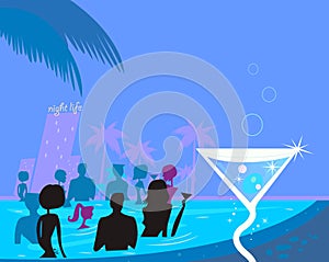 Water party night: People in pool & fresh Martini