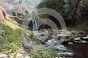 Water path with silk effect. small river flowing from the waterfall in the middle of a wooded plain