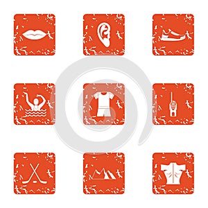 Water performance icons set, grunge style