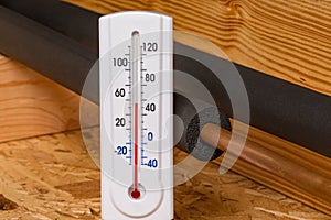 Water pipe with insulation and thermometer in house.