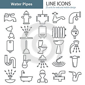 Water pipes line icons set for web and mobile design