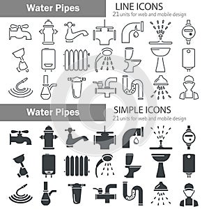 Water pipes line and simple icons set for web and mobile design