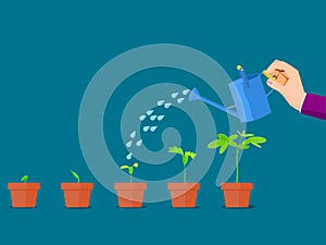 Water the plants. Growing ideas. vector illustration