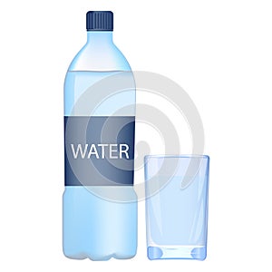 Water in a plastic bottle. Vector flat icon of capacity with liquid and glass. Dishes with mineral sparkling water
