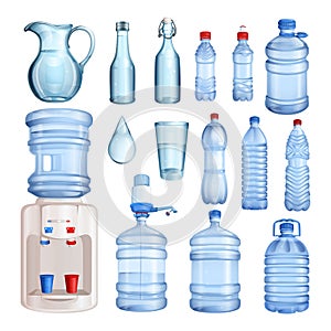 Water in plastic and glass bottles. Vector isolated objects set. Pure mineral water illustration