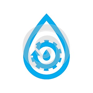 Water plumbing maintenance icon. Blue gear cog in water drop symbol