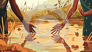 Water pollution, environmental disaster concept. Human hands in mud. illustration Generative AI