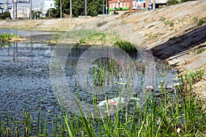 Water pollution environmental. Green plastic bottles and garbage