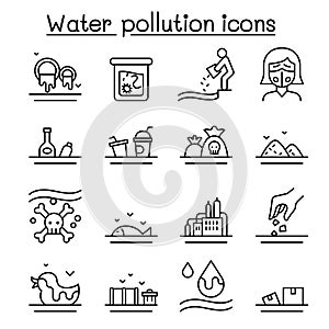 Water pollution icon set in thin line style
