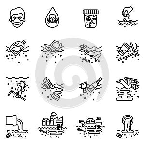 Water pollution icons set. Thin Line Style stock vector.