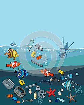 Water pollution in the ocean. Garbage and waste.