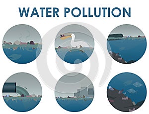 Water pollution round icon set. Different garbage and slime in the water, industrial pipe polluting water, pelican with waste