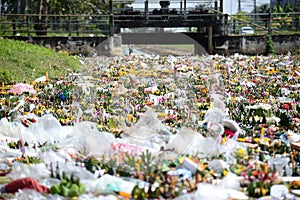 Water Pollution in rural river after Loy Krathong Festival in thailand.waste by foam environment pollution