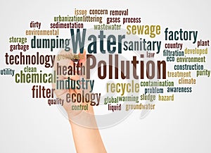 Water pollution word cloud and hand with marker concept