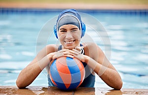 Water polo, ball and portrait of woman in pool with smile on face, swimming practice and confident young sports player