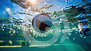 A water polo ball under water with bubbles and a person swimming, AI