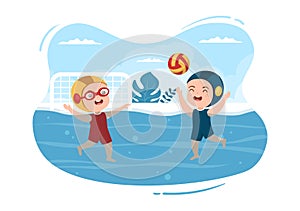 Water Polo Sport Player Playing to Throw the Ball on the Opponent`s Goal in the Swimming Pool in Cartoon Hand Drawn Illustration
