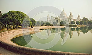 Water of pond near the structure Victoria Memorial Hall in Kolkata