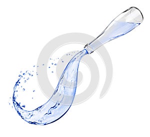 Water is poured out of a glass bottle, isolated on white