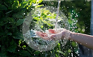 Water pouring in human hand on nature, environment issue photo