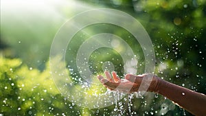Water pouring and splash in woman hand on nature background, earth day, environment issues
