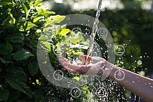 Water pouring in woman hand with icons energy sources for renewable, sustainable development. Ecology