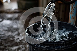 Water pours into black bucket from pump, lack of clean drinking water in world. Generative AI