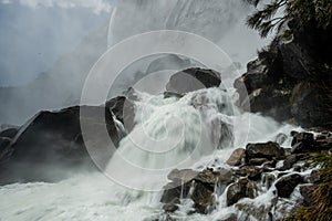 Water Pours Over Rocks at Base of Wapama Falls