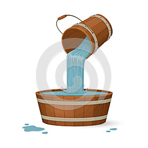 Water pours from a wooden bucket into a basin with a splash.Cartoon style illustration.