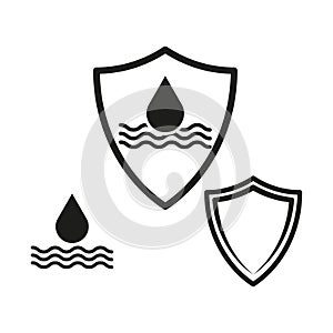 Water protection shield. Drop and waves emblem. Safety symbol. Monochrome simplicity. Vector illustration. EPS 10.