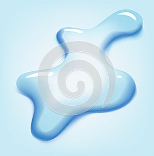 Water puddle drop. Top view liquid splashes, wet environment. Water spill or aqua scattered drop isolated on blue