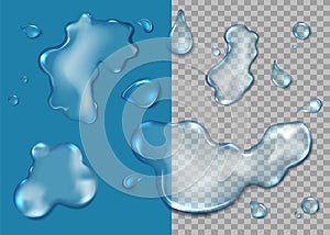Water puddle set, vector isolated top view illustration. Realistic water splashes, droplets, liquid spills photo