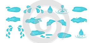 Water puddle, spill rain drop, blue splash liquid. Cartoon paint, oil drip. Cry tear and sweat blob. Abstract vector illustration