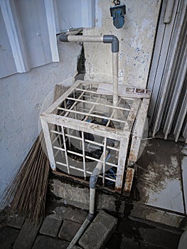 Water Pump in Cage for Protection, Water meters in a rusty metallic cage, rusty iron cage to cover the water pump