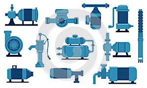 Water pump. Oil industry compressor with motor. Engineering aqua tank with tubes and valves. Isolated diesel supply