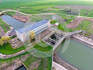 Water pumping station of irrigation system of rice fields. View